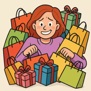 shopping complusivo; disegno; donna; pacchetti;